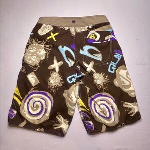 Quiksilver Men's Board Shorts - Brown with Purple and Yellow Patterns
